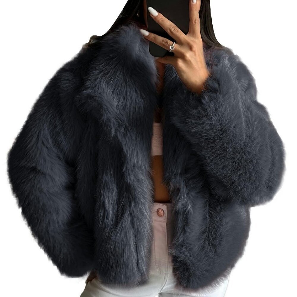 Faux Fur Jacket Cropped Lapel Button Down Winter Outerwear Fluffy Coat